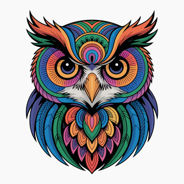 Dudling owl in color. Zentangl and dudling style. Adult coloring books, meditative 