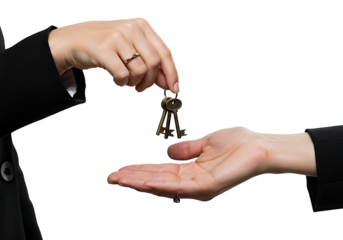 A significant key exchange between two professional hands symbolizing property ownership transfer and secure access