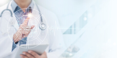 Cancer Research concept in modern healthcare — doctor using digital tablet and futuristic medical interface to represent oncology innovation, treatment development, and scientific medical technology.