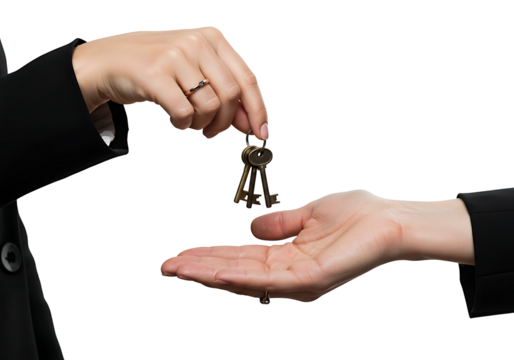 A significant key exchange between two professional hands symbolizing property ownership transfer and secure access
