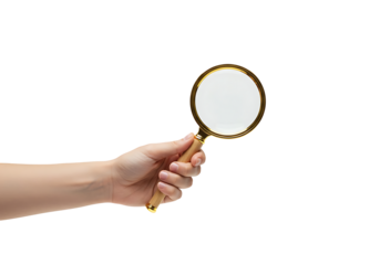 A human hand firmly grips a golden-rimmed magnifying glass with a wooden handle, poised for exploration and detailed examination transparant