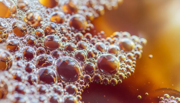 An abstract, extreme macro close-up of amber and brown bubbles forming foam on the surface of a dark liquid. - Powered by Adobe