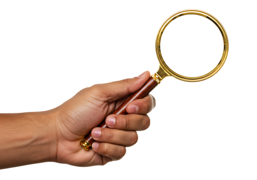 A focused human hand presents a classic brass and wood magnifying glass for detailed inspection and discovery