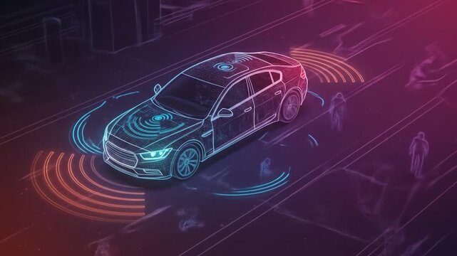 A digital illustration depicts a self-driving car on a road, with sensors emitting waves. Another car is present. Neon lighting emphasizes features