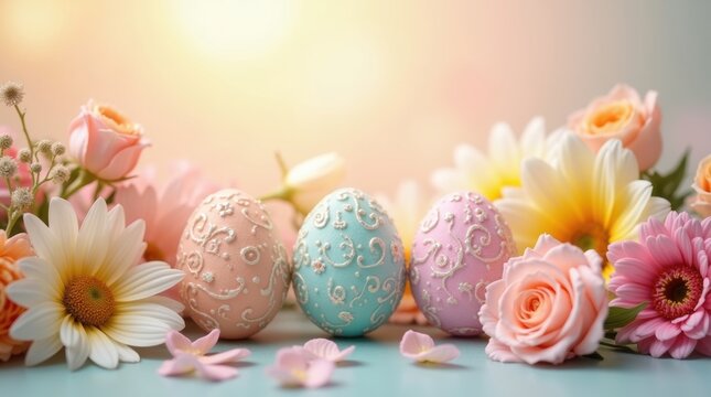 Pastel easter eggs decorated with floral patterns and surrounded by spring flowers