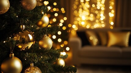 Elegant ornaments and golden lights shining on a luxury Christmas tree in a cozy living room at night, creating a glamorous holiday interior ambience.