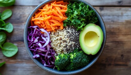 Colorful vegan Buddha bowl with kale, avocado, quinoa, and chopped fresh vegetables.