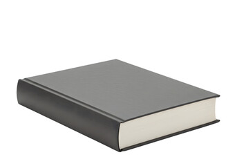A dark gray hardcover book with white pages lies on a white background
