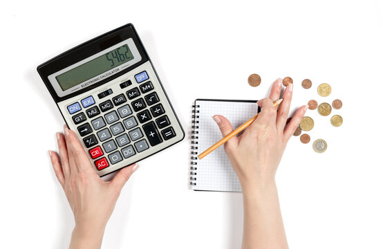 Female hands counting euro coins with calculator and notepad, concept of money calculation, household budget planning and accounting, isolated object on transparent background, PNG.
