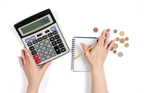 Female hands counting euro coins with calculator and notepad, concept of money calculation, household budget planning and accounting, isolated object on transparent background, PNG.