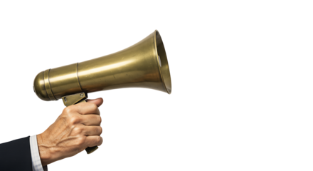 A powerful image of a hand gripping a classic golden megaphone, symbolizing voice, communication, and important announcements on a sleek dark