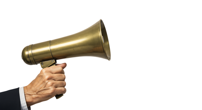 A powerful image of a hand gripping a classic golden megaphone, symbolizing voice, communication, and important announcements on a sleek dark