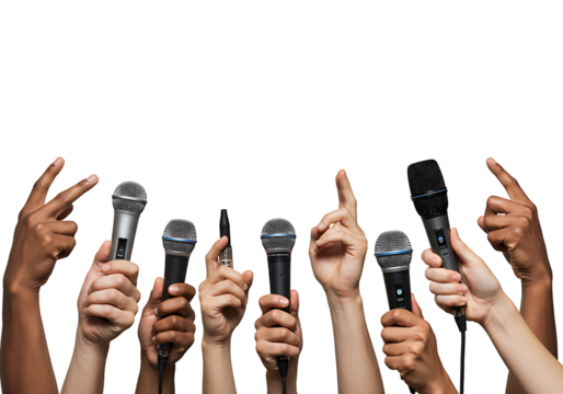 A powerful display of diverse hands holding microphones ready for public address highlighting global communication and collective voice