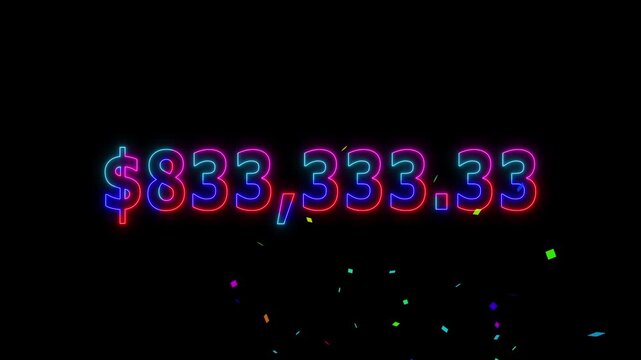 Neon line 1 million dollar counting animation and colorful confetti. Counting money and digits increasing. Animated Counter from 0 to 1m with resolution.