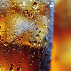Extreme macro shot thick condensation and water droplets on a cold glass of dark iced tea or cola.