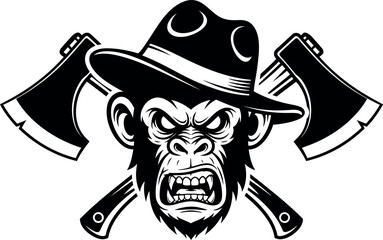 Angry Gorilla or Monkey Wearing Fedora Hat with Crossed Axes Mascot or Logo Design - Aggressive Ape Face Graphic Vector Illustration.