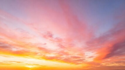 Obraz premium Vibrant sunset sky displays pink, orange, and blue hues with wispy clouds.