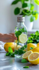 Fototapeta premium Hand reaching for a glass water bottle infused with lemon slices and mint leaves, surrounded by fresh lemons.