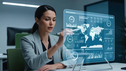 Businesswoman interacts with futuristic transparent screen displaying global data and analytics in a modern office environment - Powered by Adobe