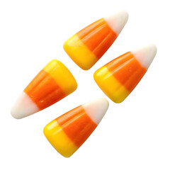 Four pieces of candy corn isolated on transparent background for trick or treat
