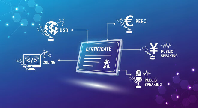 Digital certificate representing professional skill development in coding, public speaking, and financial literacy, leading to global career opportunities and economic growth