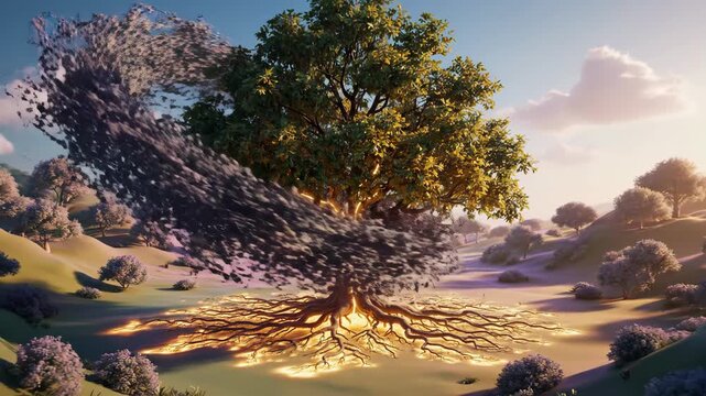 3D nature metaphor of a tree's shallow roots (vagus nerve) growing deeper to make the tree more resilient to wind (stress).
