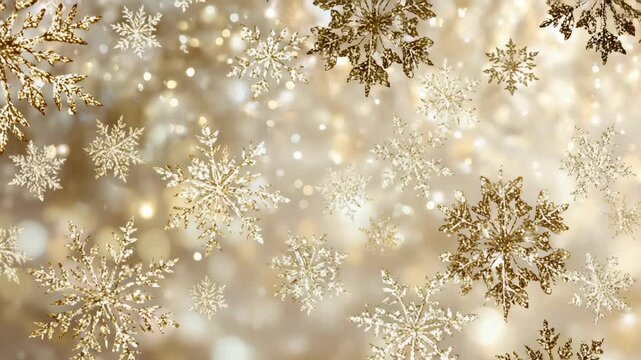 Golden snowflakes on sparkling light background with soft bokeh effect and elegant festive winter mood