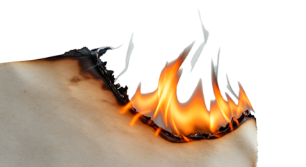Dramatic visual of a plain sheet of paper undergoing intense fiery combustion with energetic plumes of smoke transparant background