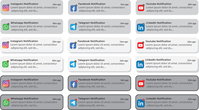 iOS notification mockup. iOS notification banners mockup with Instagram, Facebook, TikTok, YouTube, LinkedIn, WhatsApp, Telegram. chat alerts, message UI mockup.

