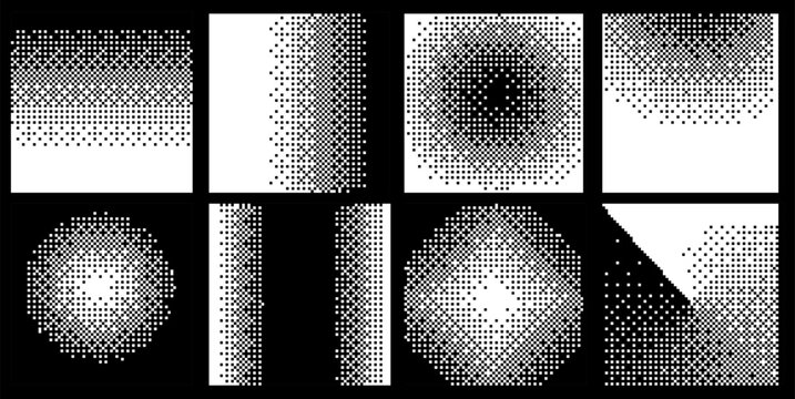 Vector illustration features a minimalist Y2K pop art style in black and white, using bold geometric shapes and halftone dot patterns. The theme is abstract with a graphic, pixelated texture.