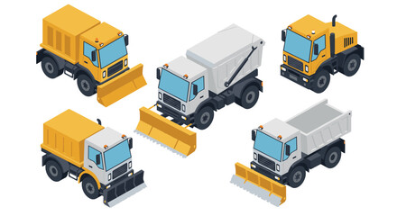 Isometric snow removal trucks set with plows and dumpers
