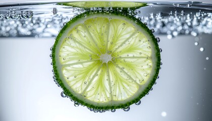 Macro close-up of a vibrant, backlit lime slice suspended in carbonated water, fully covered in clear bubbles.