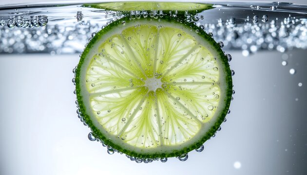 Macro close-up of a vibrant, backlit lime slice suspended in carbonated water, fully covered in clear bubbles.