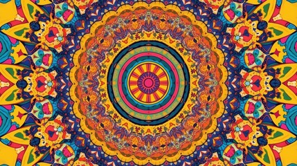 Vibrant kaleidoscopic mandala pattern with intricate geometric designs and bright colors
