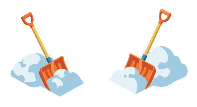Bright cartoon shovel clearing snow with blue clouds and orange handle