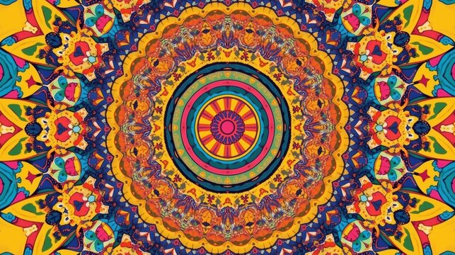 Vibrant kaleidoscopic mandala pattern with intricate geometric designs and bright colors - Powered by Adobe