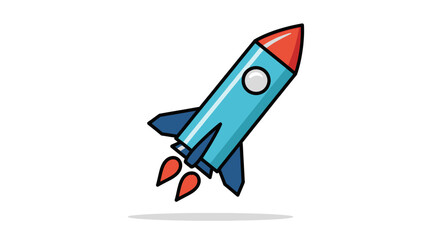 A cartoon rocketship, blue body with a red nose, launching with orange flames and a porthole, set against white