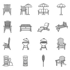 patio furniture set line art icons outdoor chairs grill tiki torches for backyard barbecue  outdoor entertaining summer lifestyle designs