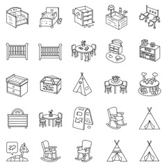 nursery furniture icons illustrating baby room decor elements equipment and layout designs ideal for parenting blogs childcare facilities planning  infant product catalogs