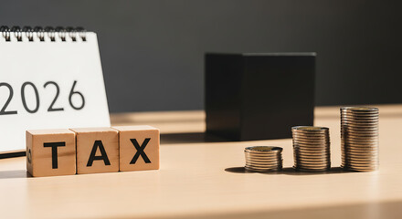 Tax planning for 2026 illustrated with wooden blocks spelling tax, calendar, and stacks of coins.