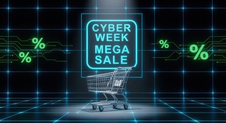 Glowing Cyber Week Mega Sale neon sign with a shopping cart. Futuristic digital background with a grid. E-commerce and online discount promotion concept