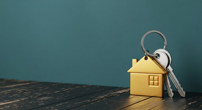 Metal house shaped keychain with keys on a dark wooden surface against a teal wall. - Powered by Adobe
