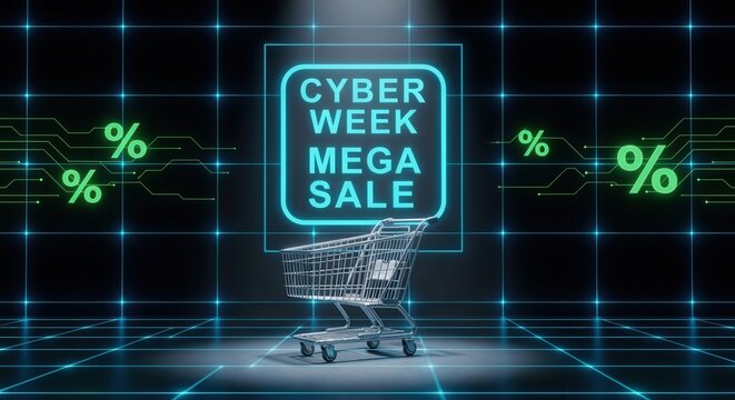 Glowing Cyber Week Mega Sale neon sign with a shopping cart. Futuristic digital background with a grid. E-commerce and online discount promotion concept - Powered by Adobe