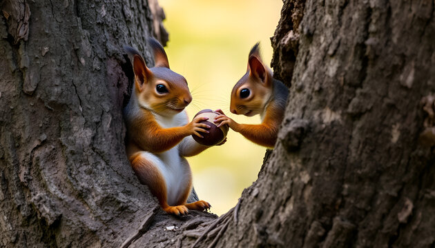 Two Adorable Squirrels Sharing a Nut in Tree Hollow, Cute Wildlife Moment of Friendship and Playfulness in Nature

