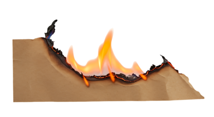 Captivating moment of vibrant fire consuming the edge of a brown paper sheet on a black backdrop