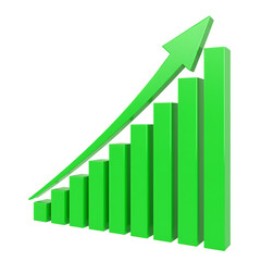 3D Rendering of Ascending Green Bar Chart with Arrow Symbolizing Business Growth and Success