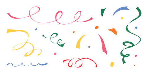 Hand drawn confetti set. Crayon sparkle icons, fireworks, twinkle spirals, doodle chalk shapes for childish birthday, carnival, kid holiday, Christmas, weeding. Grunge Isolated vector illustration.