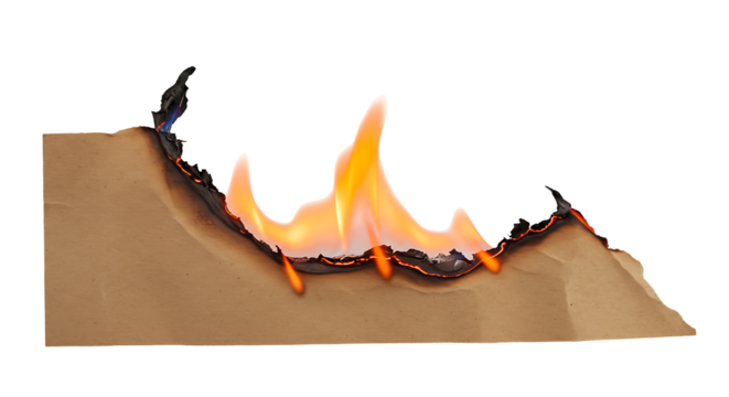 Captivating moment of vibrant fire consuming the edge of a brown paper sheet on a black backdrop