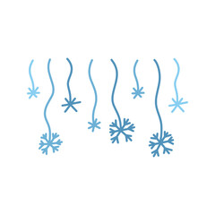 Hand drawn snowflakes dangling from thin lines. Doodle blue hanging hand drawn snowflakes. Simple, festive, and cute vector elements for winter, holiday, and New Year, Christmas designs.