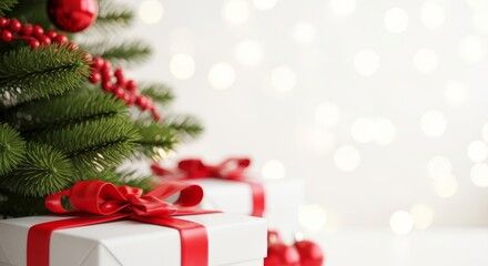 White wrapped presents with red satin ribbon bows placed beneath green Christmas tree decorated with red berries and ornaments against soft bokeh